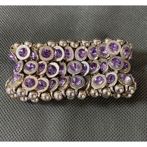 Costume Gem Bracelet 6 Inches Purple Plastic Silver Tone Elastic Stretch - Picture 5 of 8